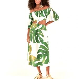 FARM RIO White Monstera Cut Out Off Shoulder Leaf Print XS Dress